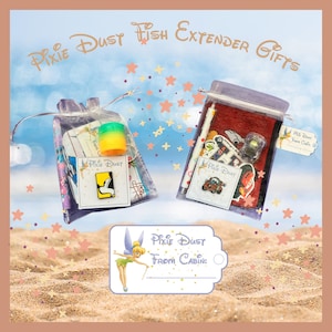 May include: Two clear plastic bags filled with small gifts, including a red towel, a pen, a small toy car, a sticker, and a pin. The bags are labeled "Pixie Dust From Cabin".