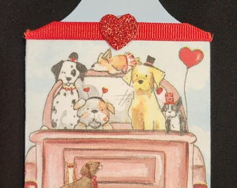Valentine's Dogs in a  Pink Pick-Up Truck, Mini Cutting Board,  Valentines Decor