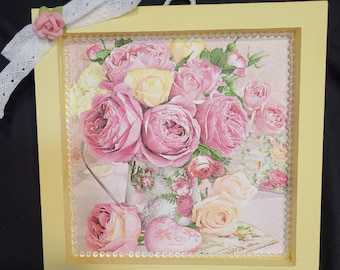 Decoración floral estilo shabby chic, arte de pared con rosas rosas, adorno para estante estilo cottagecore, decoración floral vintage, decoración romántica para el hogar, regalo para el Día de la Madre