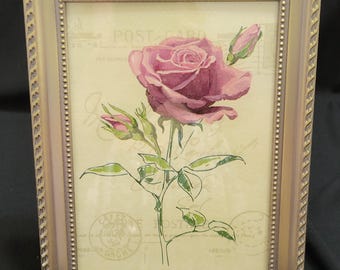 Pink Rose Art: Antique Brass Frame, Velvet Back, Shelf Sitter