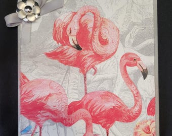 Flamingo Wall Art, Tropical Flower Decor, Coastal Accent (6x8x.25 inches)