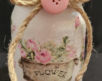 Shabby Chic Rose Jar, Upcycled Glass Jar Decor, Pink Rose Decoupage Jar, Makeup Brush Holder, Cottage Style Storage, Gift for Mom
