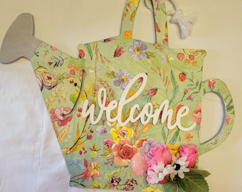 Watering Can Door Hanger, Spring Summer Wreath, Welcome Sign, Garden Decor, Floral Door Decor, Gardener Gift, Cottagecore Door Decor