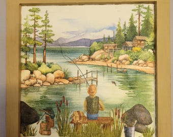 Fishing Wall Art Decor, Fisherman Lake House Decor, Rustic Fishing Gift, Lake Scene Wall Art, Father's Day Gift for Fisherman, Cabin Decor