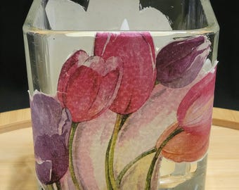 Tulip Candle Holder Plus Candle, Spring Glass Decor, Floral Candle Holder, Pink Purple Tulips, Teacher Gift, Hostess Gift, Mothers Day Decor