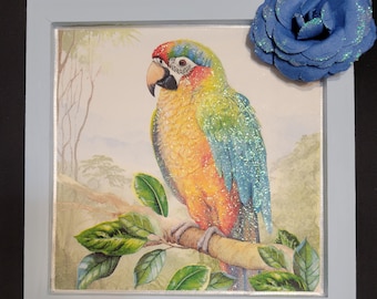 Parrot Wall Art, Glitter Tropical Decor, Blue Wood Frame