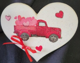 Valentine Heart- Shaped Refrigerator Magnet, Pickup Truck with Hearts, Shimmering, Kitchen Decor,  Office Decor