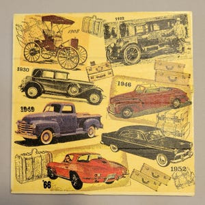 May include: A square decorative sign with a yellow background featuring vintage vehicle illustrations and luggage. The print includes cars labeled 1908, 1922, 1930, 1946, 1949, 1952, and 1966. The artwork displays various classic automobiles, trucks, and suitcases.