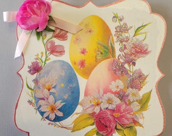 Easter Egg Decor, Pink Floral Easter Sign, Spring Wall Art, Shabby Chic Easter Decoration, Decoupage Wood Plaque, Shelf Sitter Gift