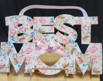 Best Mom Sign, Mother's Day Wall Hanging, Pink Tulip Decor, Floral Mom Gift, Handpainted Wooden Sign, Decoupage Wall Art, Gift for Mom