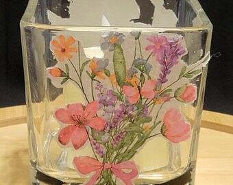 Floral Candle Holder Candle Included, Glass Spring Decor,  Pink Purple Blue Flowers, Cottage Style Candle Holder, Teacher Gift, Hostess Gift