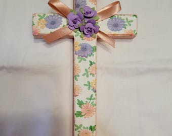Shabby Chic Wooden Wall Cross, Peach Floral Cross Decor, Christian Wall Decor, Easter Cross Gift for Her, Spring Religious Decor