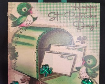 New Vintage St. Patrick's Day Decor, Birds on Mailbox, Embellished