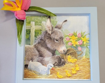 Spring Farm Animal Decor, Duck and Donkey Wall Art, Mother Duck and Ducklings, Tulip Daffodil Decor, Rustic Nursery Gift, Shelf Sitter