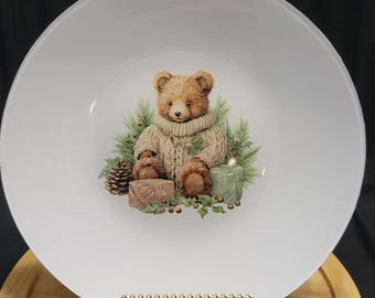 Teddy Bear Fall Decorative Plate, Reverse Decoupage Glass, Autumn Bear Decor, Cottagecore Kitchen Plate, Child's Room Decor, Gift Idea