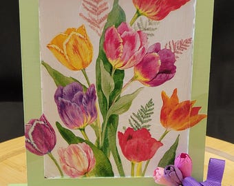 Tulip Garden Decor, Spring Floral Shelf Sitter, Upcycled Home Decor, Flower Lover Gift, Mother's Day Gift,  Spring Decor, Cottage Decor