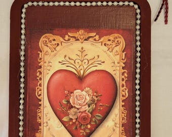 Victorian Valentine Heart with Pink Roses on Small Cutting Board, Valentines Decor