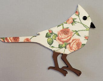 Shabby Chic Cardinal Magnet,  Red Rose Bird Refrigerator Magnet, Handmade Bird Decor,  Farmhouse Kitchen Magnet,  Spring Summer Gift For Her