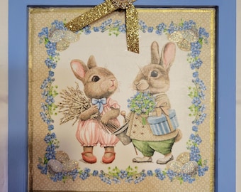 Elegant Bunny Couple Decor, Blue and Gold Easter Wall Art, Bunny Easter Shelf Sitter, Handmade Easter Decor, Spring Bunny Gift for Her
