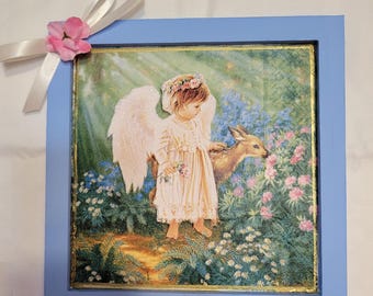 Handmade Angel & Fawn Wall Art, Decoupage Angel Decor, Nursery Wall Decor, Cottage Style Shelf Sitter, Spring Home Decor, Angel Nursery Art