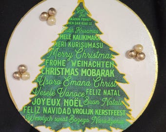 Merry Christmas in Many Languages Tree, Beaded Wall Art