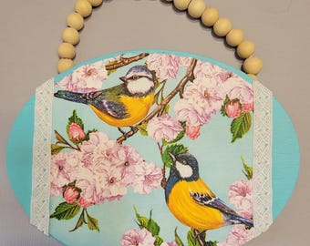 Blue Bird Wall Art, Pink Blossom Tree Decor, Bird Lover Gift, Floral Cottagecore Decor,  Lace Trim Wall Hanging, Spring Shelf Sitter