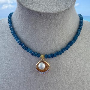 Blue Agate Necklace with Shell Pendant and Pearl Center, Handmade Beach Jewelry, Coastal Style Necklace, Ocean Inspired Gift for Her