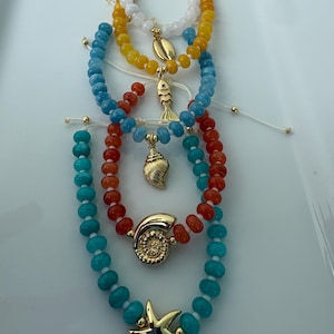 Adjustable Natural Stone Bracelets with Ocean Charms, Handmade Beaded Bracelets, Starfish Shell Fish Charm Bracelet, Beach Jewelry Gift