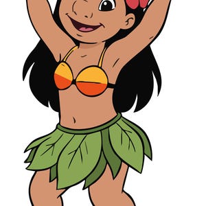 May include: Cartoon illustration of a young girl with dark hair and brown skin, wearing a yellow and orange bikini top and a green leaf skirt. She has a red hibiscus flower in her hair and her arms are raised in the air.