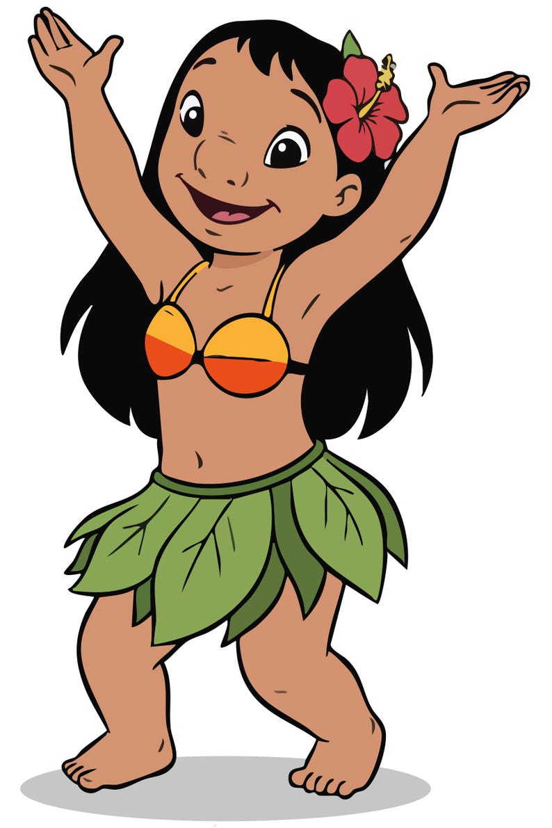 May include: Cartoon illustration of a young girl with dark hair and brown skin, wearing a yellow and orange bikini top and a green leaf skirt. She has a red hibiscus flower in her hair and her arms are raised in the air.