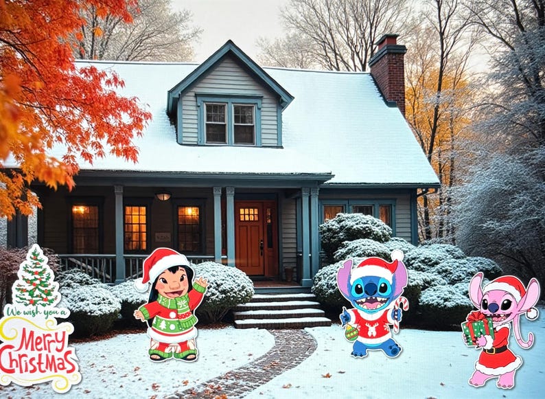 K&ouml;nnte beinhalten: Eine winterliche Szene mit einem Haus und Weihnachtsdekorationen. Figuren von Lilo, Stitch und Angel mit Weihnachtsm&uuml;tzen stehen im Schnee. Ein Schild mit der Aufschrift "We wish you a Merry Christmas". Das Haus hat ein schneebedecktes Dach und eine Veranda.