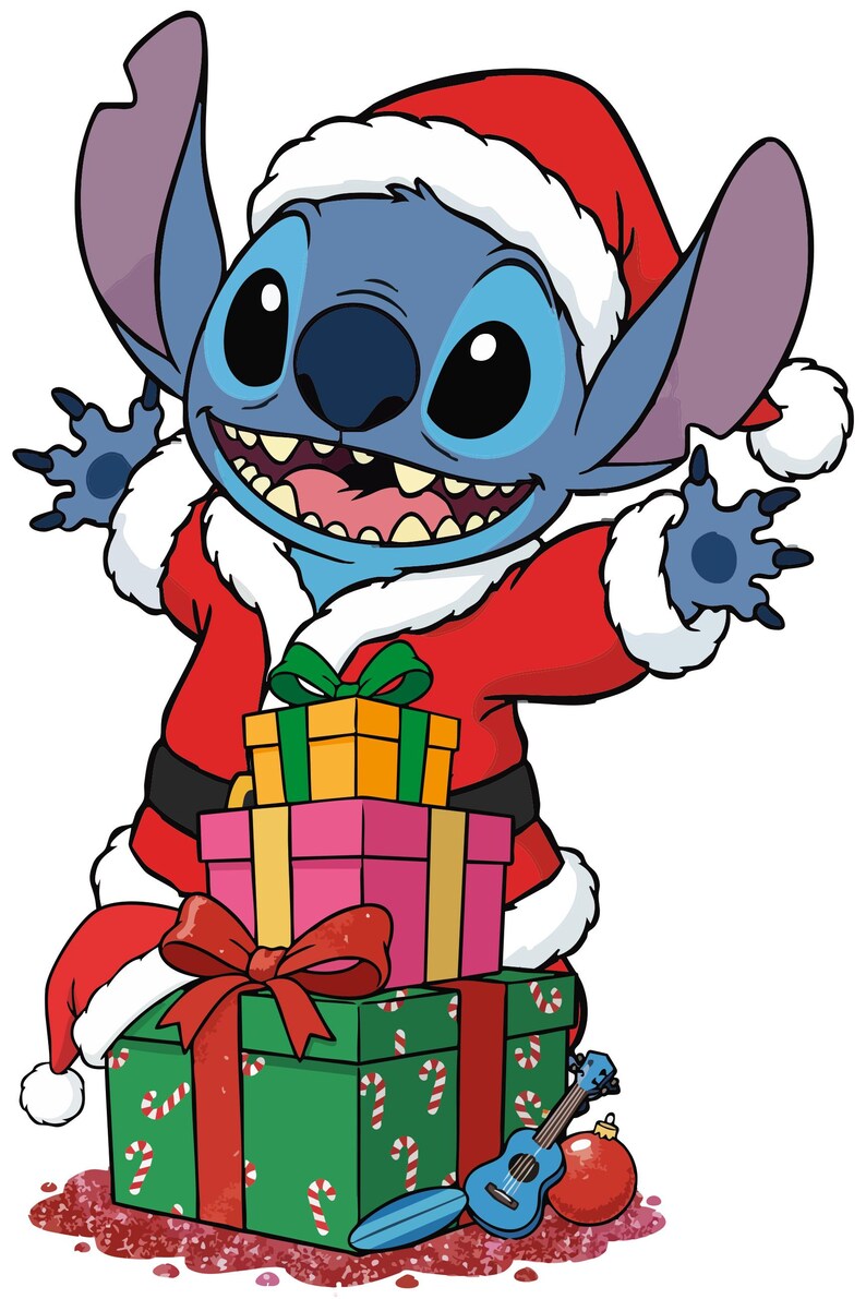 K&ouml;nnte beinhalten: Cartoon-Illustration von Stitch aus Lilo & Stitch als Weihnachtsmann verkleidet, umgeben von verpackten Geschenken. Stitch ist blau mit gro&szlig;en Ohren und tr&auml;gt einen roten Weihnachtsmannanzug und -hut. Geschenke sind gr&uuml;n, rosa und gelb.