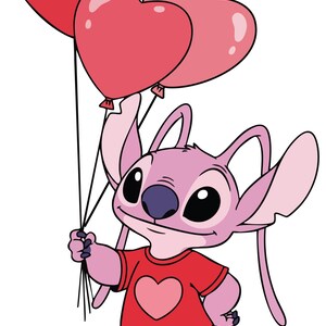 May include: A pink cartoon character holding three heart-shaped balloons. The character wears a red shirt with a heart graphic. The balloons are shades of red and pink. The image is a cartoon illustration on a white background.