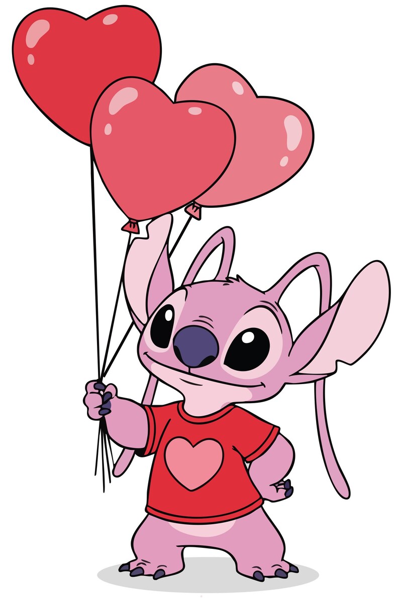 May include: A pink cartoon character holding three heart-shaped balloons. The character wears a red shirt with a heart graphic. The balloons are shades of red and pink. The image is a cartoon illustration on a white background.