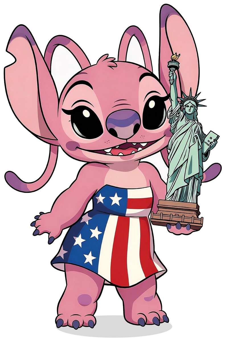 Op de afbeelding: Een roze stripfiguur met grote oren en zwarte ogen, gekleed in een jurk met een rood, wit en blauw Amerikaans vlagontwerp. Het personage houdt een miniatuur Vrijheidsbeeld vast. De afbeelding is een cartoonillustratie.