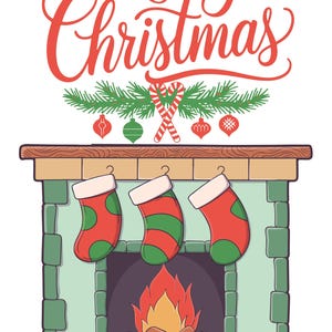 May include: A festive illustration featuring a fireplace with three hanging Christmas stockings. Above the fireplace, the words "Merry Christmas" are written in red script. The scene includes candy canes, ornaments, and a burning fire.