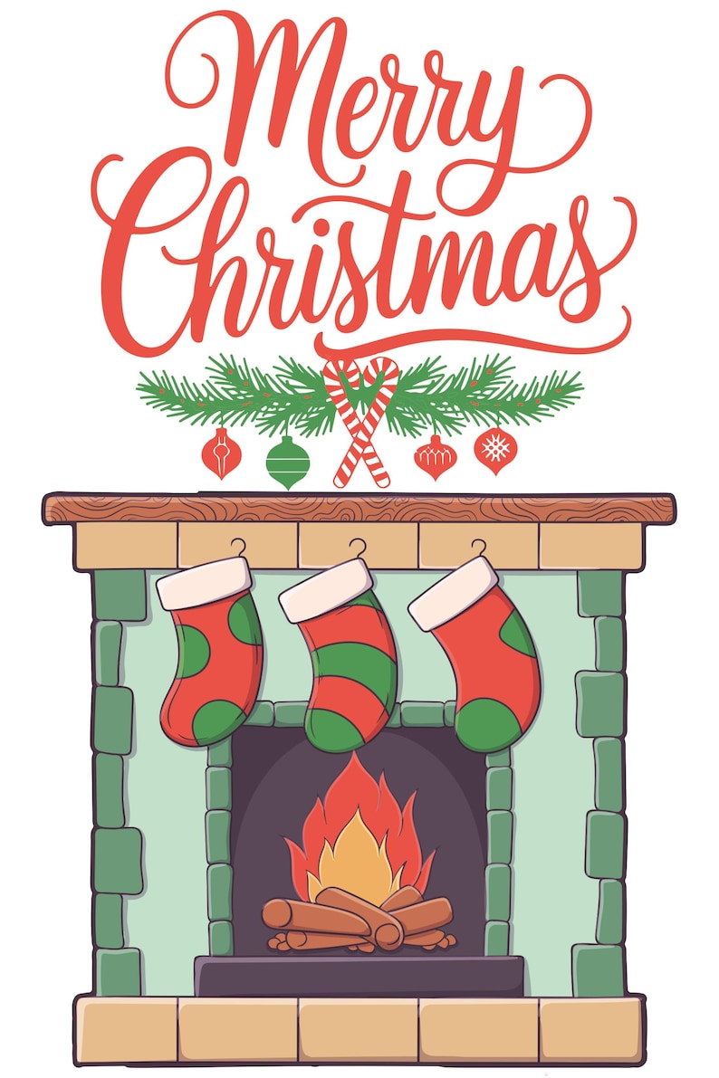 May include: A festive illustration featuring a fireplace with three hanging Christmas stockings. Above the fireplace, the words "Merry Christmas" are written in red script. The scene includes candy canes, ornaments, and a burning fire.