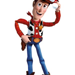 May include: A cartoon cowboy figure wearing a Santa hat. The cowboy is dressed in a red plaid shirt, a cow-print vest, blue jeans, and brown boots. He has a sheriff's badge and a red bandana. The cowboy is smiling and holding his hat.