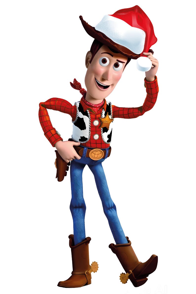 May include: A cartoon cowboy figure wearing a Santa hat. The cowboy is dressed in a red plaid shirt, a cow-print vest, blue jeans, and brown boots. He has a sheriff's badge and a red bandana. The cowboy is smiling and holding his hat.
