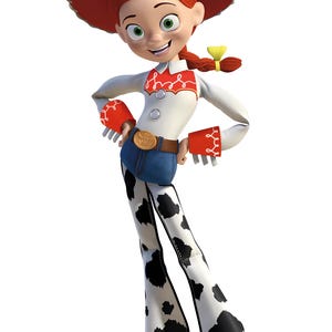 May include: A cartoon cowgirl character with red hair and a red hat. She wears a white shirt with red detailing, blue jeans, and cow-print trousers. Brown boots complete the outfit. The character is smiling and posing, with a gold belt buckle.