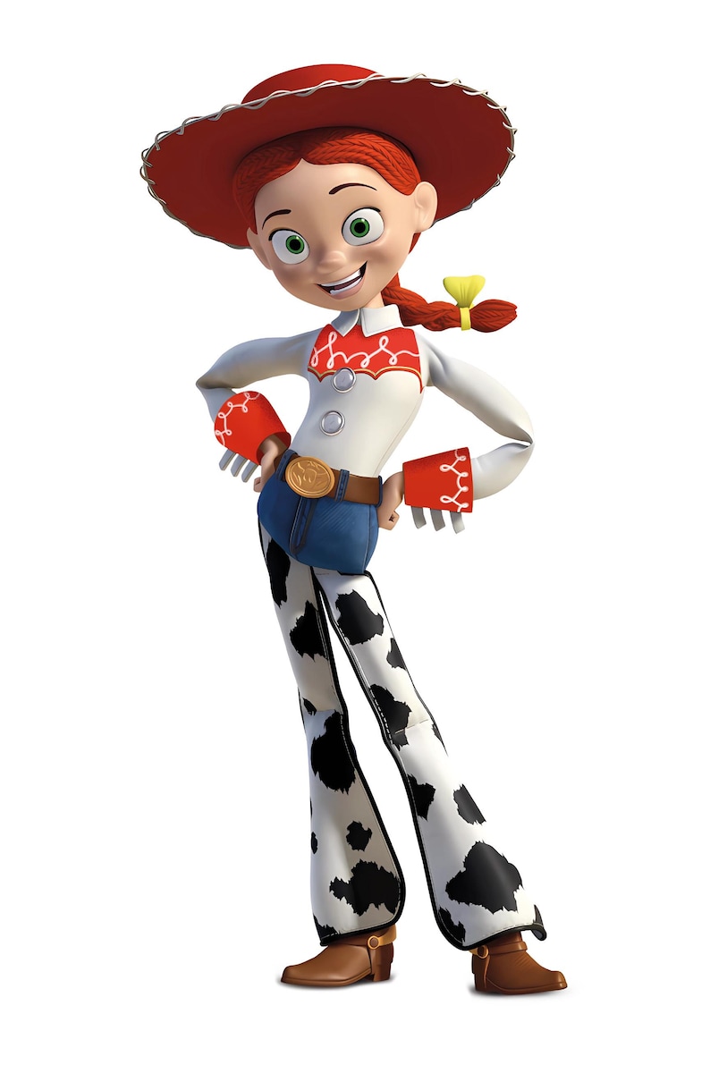 May include: A cartoon cowgirl character with red hair and a red hat. She wears a white shirt with red detailing, blue jeans, and cow-print trousers. Brown boots complete the outfit. The character is smiling and posing, with a gold belt buckle.