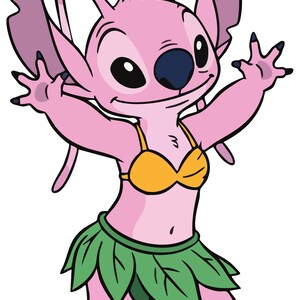 May include: A pink cartoon character with large ears, a blue nose, and black eyes. The character wears a yellow bikini top and a green leaf skirt, with arms outstretched in a welcoming pose.