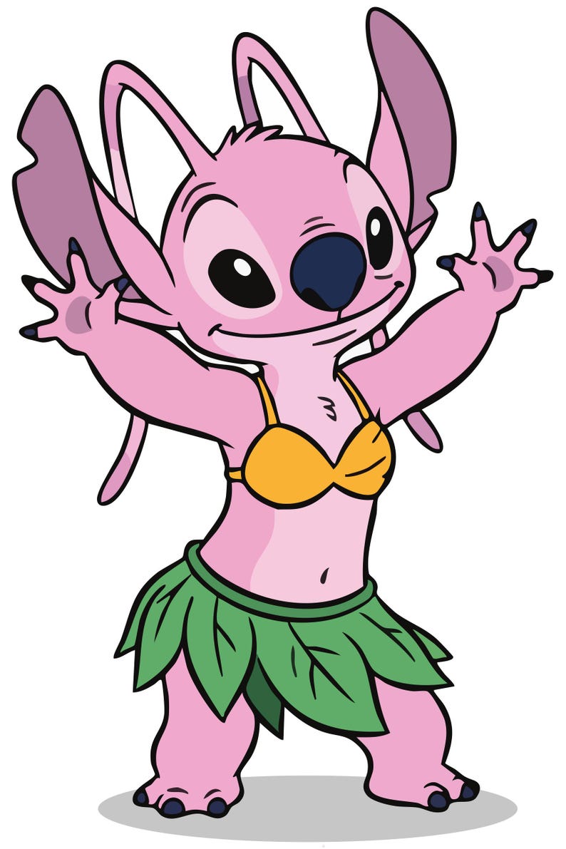 May include: A pink cartoon character with large ears, a blue nose, and black eyes. The character wears a yellow bikini top and a green leaf skirt, with arms outstretched in a welcoming pose.