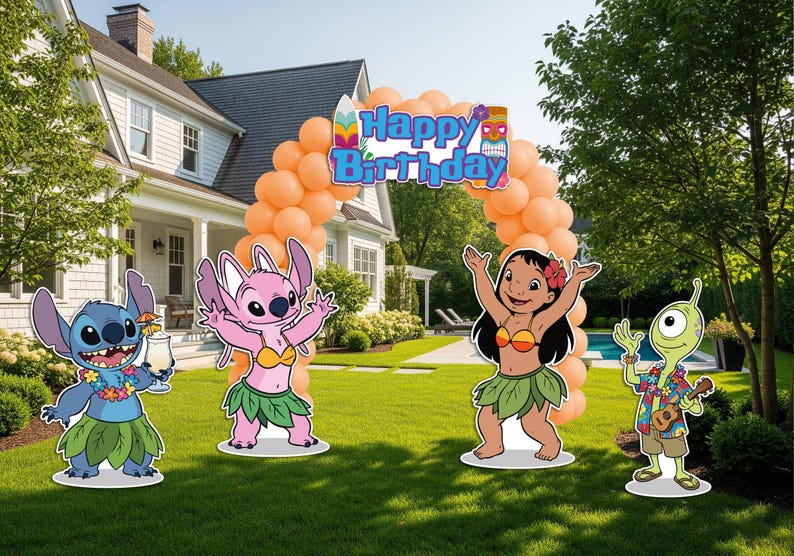 May include: Outdoor birthday decorations featuring cartoon characters, including Stitch, Angel, Lilo, and an alien, with a balloon arch that reads "Happy Birthday". The characters are in Hawaiian-themed outfits, standing on a green lawn.