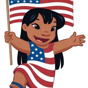 Op de afbeelding: Illustratie van een lachend meisje dat een Amerikaanse vlag vasthoudt. Ze draagt een jurk met het ontwerp van de Amerikaanse vlag, met rode en witte strepen en een blauwe top met witte sterren. Haar zwarte haar en blauwe sandalen maken de patriottische look compleet.