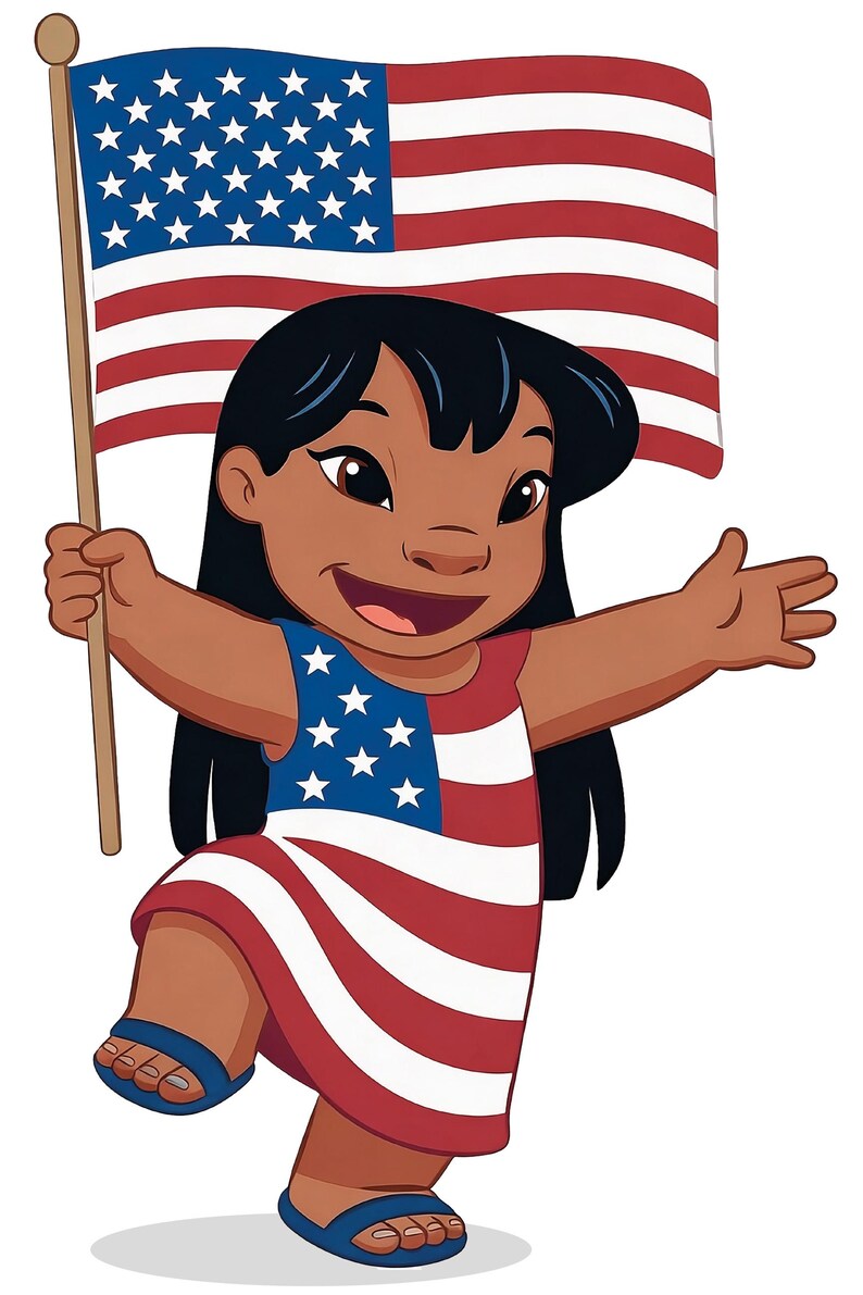 Op de afbeelding: Illustratie van een lachend meisje dat een Amerikaanse vlag vasthoudt. Ze draagt een jurk met het ontwerp van de Amerikaanse vlag, met rode en witte strepen en een blauwe top met witte sterren. Haar zwarte haar en blauwe sandalen maken de patriottische look compleet.