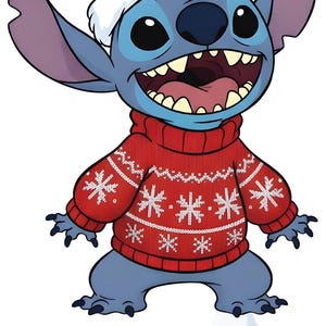 May include: A cartoon illustration of Stitch, a blue alien character, wearing a red Santa hat and a red sweater with white snowflake patterns. Stitch is smiling with his mouth open.
