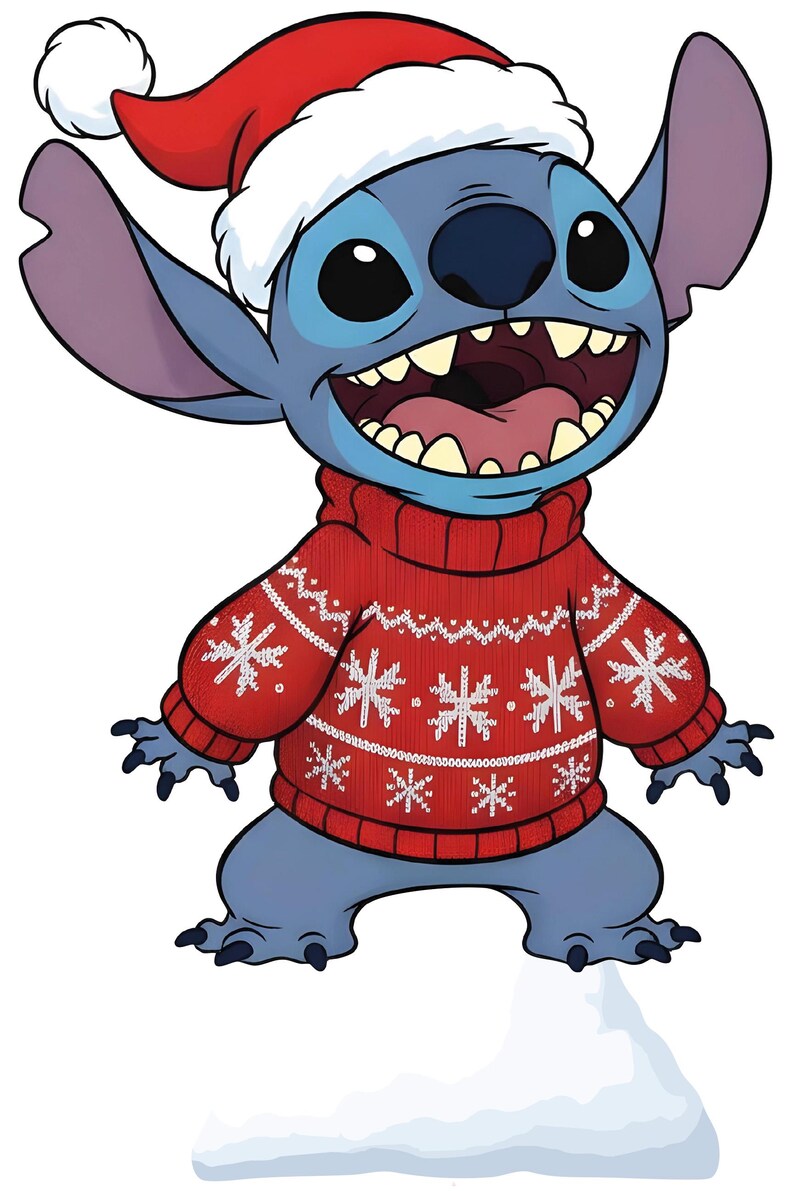 May include: A cartoon illustration of Stitch, a blue alien character, wearing a red Santa hat and a red sweater with white snowflake patterns. Stitch is smiling with his mouth open.