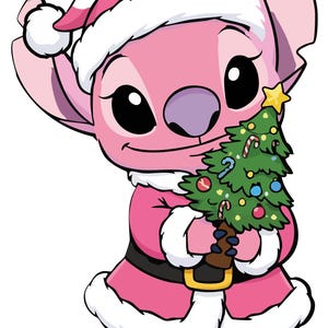K&ouml;nnte beinhalten: Ein rosa Cartoon-Charakter in einem Weihnachtsmann-Outfit, der einen geschm&uuml;ckten Weihnachtsbaum h&auml;lt. Die Figur tr&auml;gt einen rosa-wei&szlig;en Weihnachtsmannhut und -anzug mit einem schwarzen G&uuml;rtel. Der Weihnachtsbaum ist gr&uuml;n mit bunten Ornamenten.
