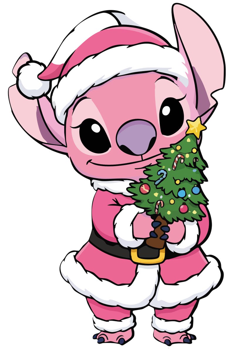 K&ouml;nnte beinhalten: Ein rosa Cartoon-Charakter in einem Weihnachtsmann-Outfit, der einen geschm&uuml;ckten Weihnachtsbaum h&auml;lt. Die Figur tr&auml;gt einen rosa-wei&szlig;en Weihnachtsmannhut und -anzug mit einem schwarzen G&uuml;rtel. Der Weihnachtsbaum ist gr&uuml;n mit bunten Ornamenten.